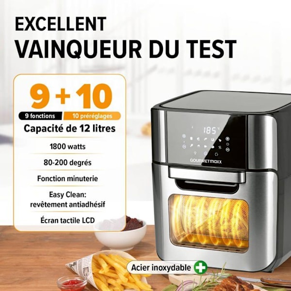 Luftfritör - GOURMETmaxx - XXL Ugn - 12 l - 1800 W - Pekskärm, rotisserie Rostfritt stål / svart