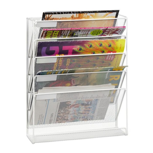 Relaxdays Vägghängd tidningsställ, liggande A4-format, 5 fack, metall, tidskriftsförvaring, 40,5 x 32,5 x 10,5 cm, vit Vit