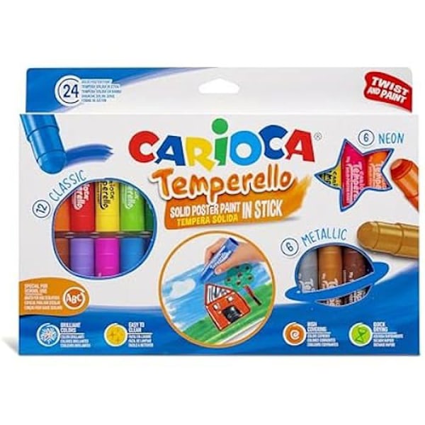 Tempera Tvättbar - CARIOCA - Temperello - 24 Stift - Assorterande Färger - Mångsidig Effekt Flerfärgad
