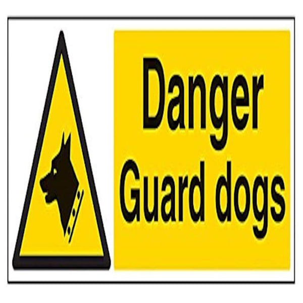 Vsafety - 63024BP-S - Allmän varningsskylt "Danger Guard Dogs, självhäftande, liggande, 600 mm x 200 mm, svart/gul
