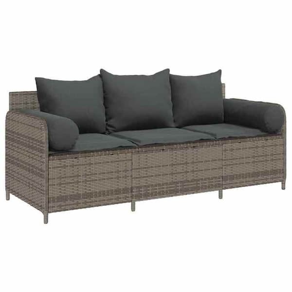 vidaXL Trädgårdssoffa med kuddar 3 platser grå flätad resin 4104174