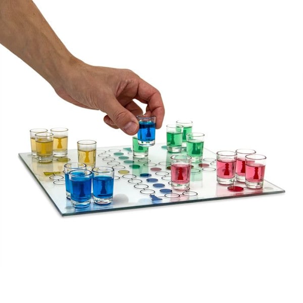 Relaxdays Alkoholspel Ludo för vuxna, för att dricka, 2 tärningar och 16 shotglas, roligt, färgglatt Blå, gul, grön, röd