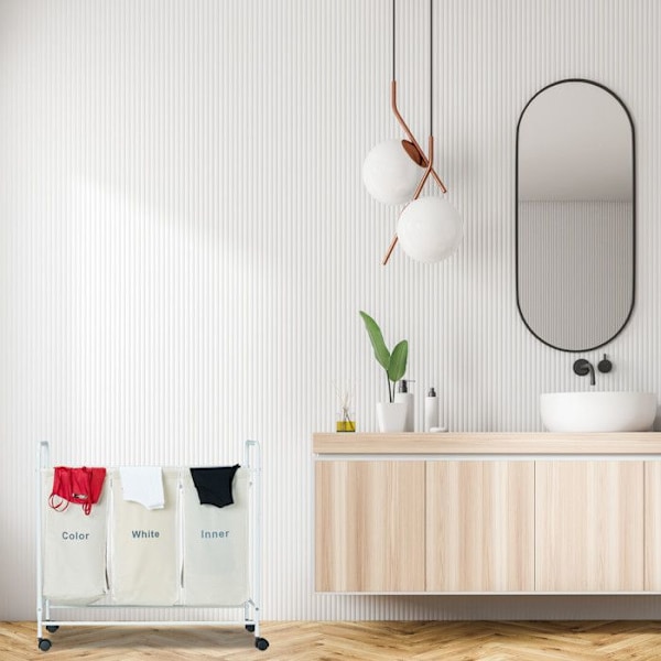 Relaxdays 3-fack tvättkorg, 100 liter, 3-fack tvättkorg, hjulförsedd tvättpåse, 76 x 80 x 46 cm, beige beige, vit, svart