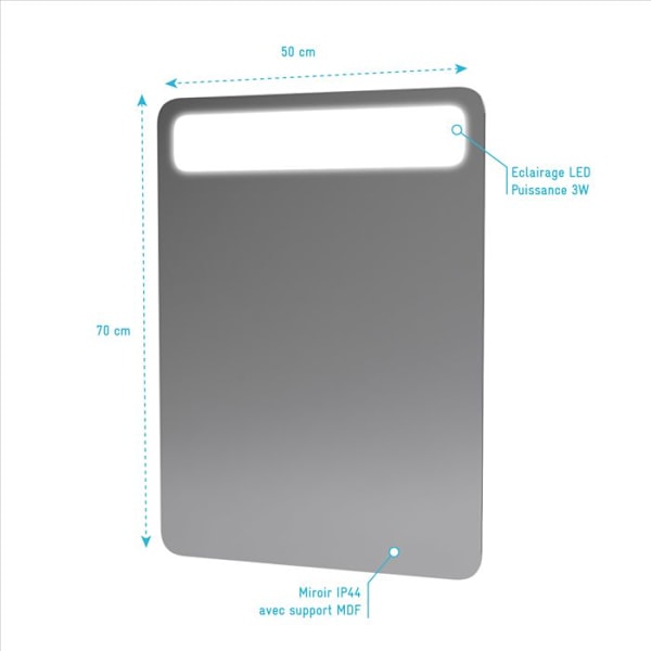 LED badrumsspegel med självlysande pannband - mått: 50x70x5cm - MOLN