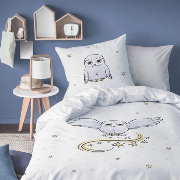 Harry Potter Owl sängkläder set - 100% bomull - Påslakan 140x200cm - Örngott 63x63cm Vit