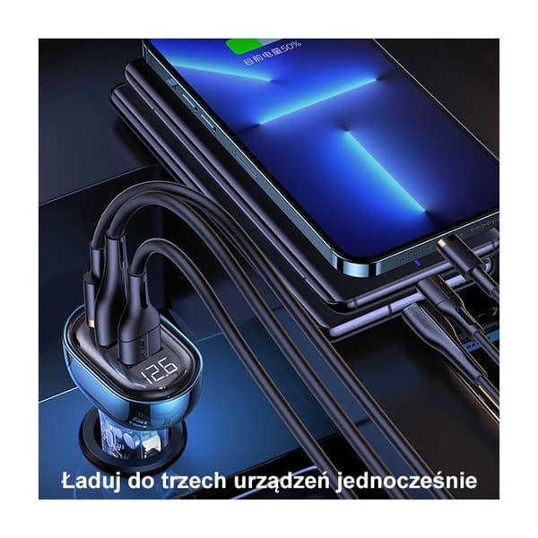 Bilaggregat - USAMS - 80W - 2xUSB + 1xUSB-C - Överhettningsskydd - Elegant design Blå