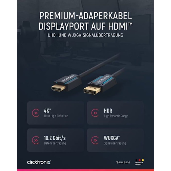 Clicktronic DisplayPort till HDMI-kabel 4k 60 Hz enkelriktad med signalförstärkare - DP 1.4 till HDMI 2.0 adapterkabel -