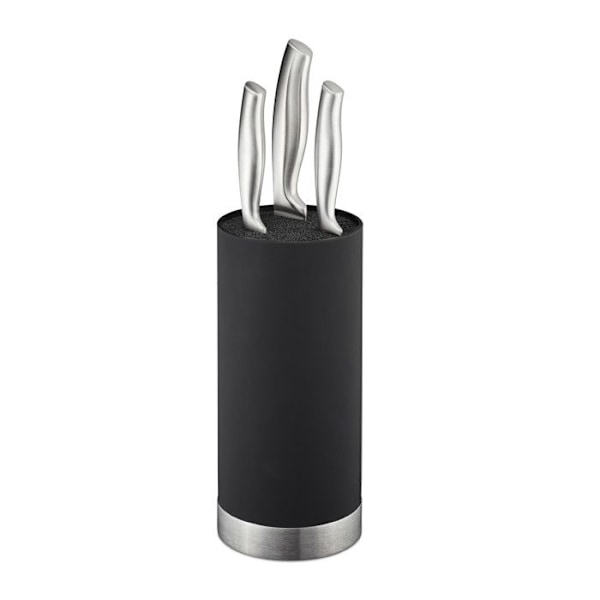 Relaxdays Knivställ, runt, obelaminerad knivblock, med insats av plaststänger, H x D 22 x 11 cm, svart svart silver