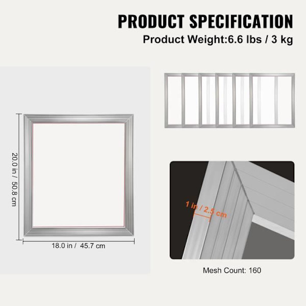 Set med 6 screentrycksramar - VEVOR - Aluminium screentryckssats 45,7x50,8 cm Mesh 160
