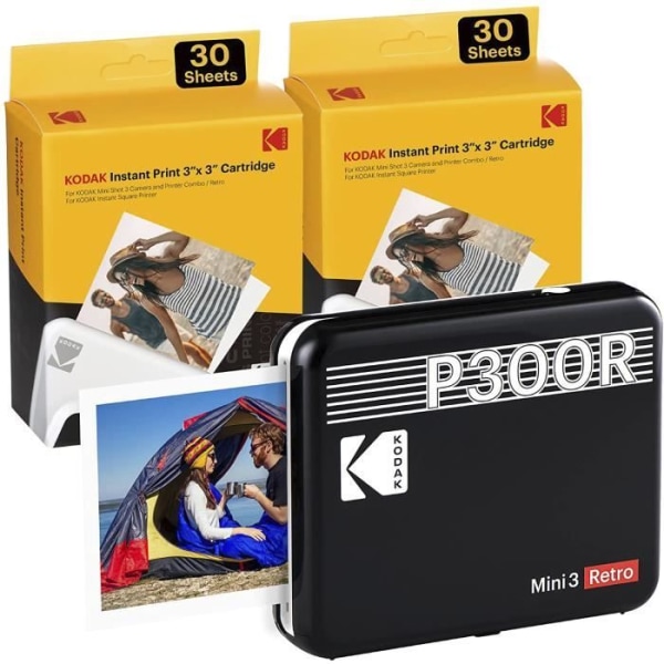 Kodak Mini 3 Retro Black, bärbar fotoskrivare, snabb utskrift, HD-foton, 54 x 86 mm Bluetooth, iOS och Android kompatibel