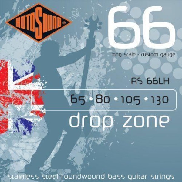 Rotosound Drop Zone Bass String Set Rostfritt stål, rund lindad anpassad mätare (65 80 105 130) (Storbritannien import)