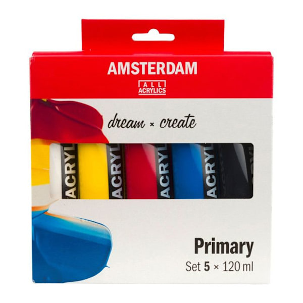 Akrylfärg - Amsterdam - 5 rör - Primära färger - 5 x 120ml Titanvitt, Oxid svart, Primär gul, 