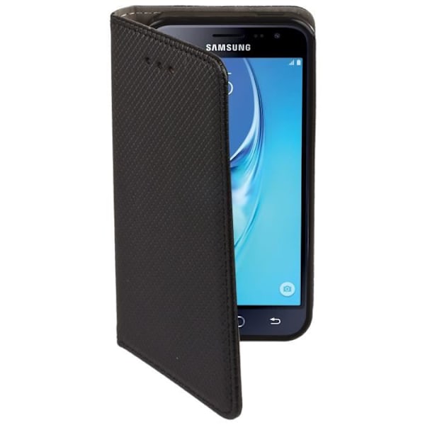 Samsung Galaxy J3 2016 flip-fodral Svart - Smart magnetiskt smalt fodral från Moozy® med hopfällbart stativ och mobiltelefonhållare och...