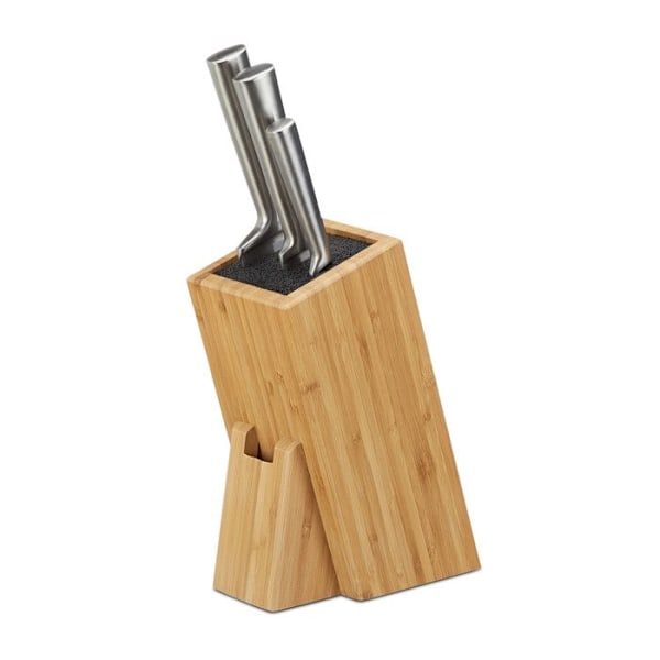 Relaxdays Bambu Knivblock Trä Knivhållare 6 Knivar Köksbestick Förvaring, Natur ljusbrun, mörkbrun