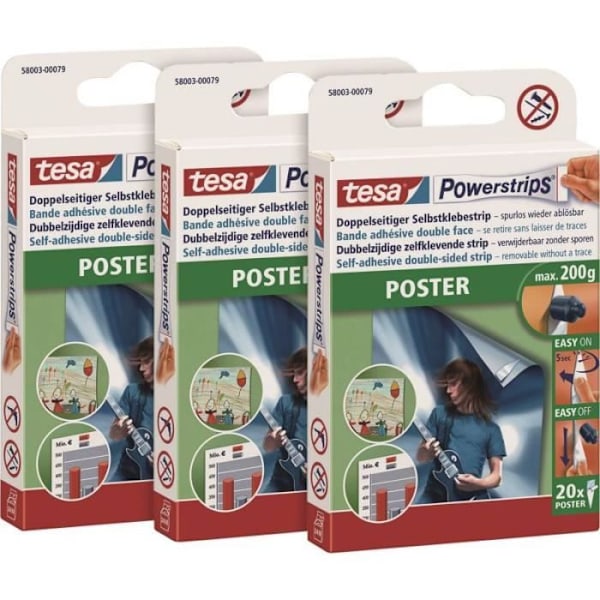 Tesa Powerstrips POSTER - Självhäftande remsor för affischer och affischer - Triangulär form - Starkt hållfast mot