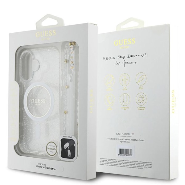 Coque Guess IML Glitter med pärlemorarmband MagSafe för iPhone 16 Plus (transparent)