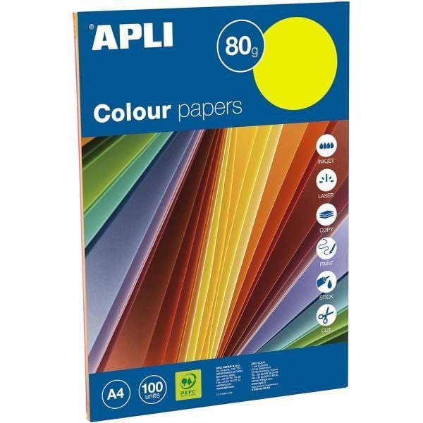 Papperspaket - A4 - Neonfärger - 80g - Utskrift - 100 ark - Apli Röd, gul, orange, grön