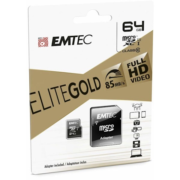 MicroSDXC 64GB EMTEC minneskort + CL10 Gold+ UHS-I 85MB/s adapter