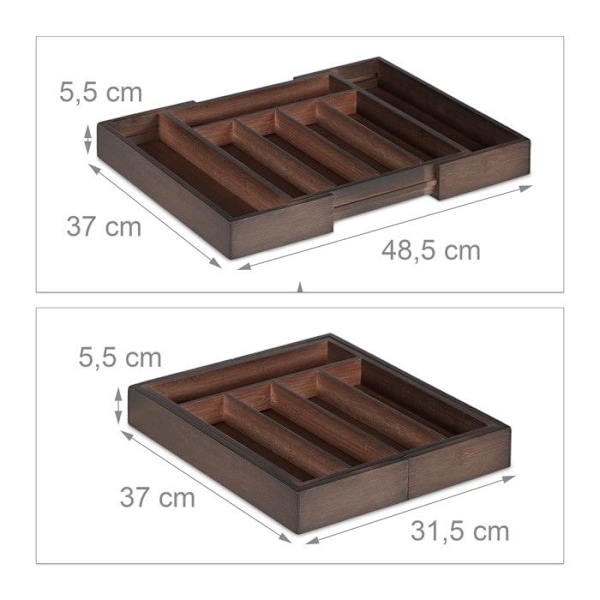 Relaxdays Drawer Bestick Box, Expanderbar, Variabel Bredd, 5-7 fack, Bambu Organizer, 5,5x48,5x37cm, Brun mörkbrun