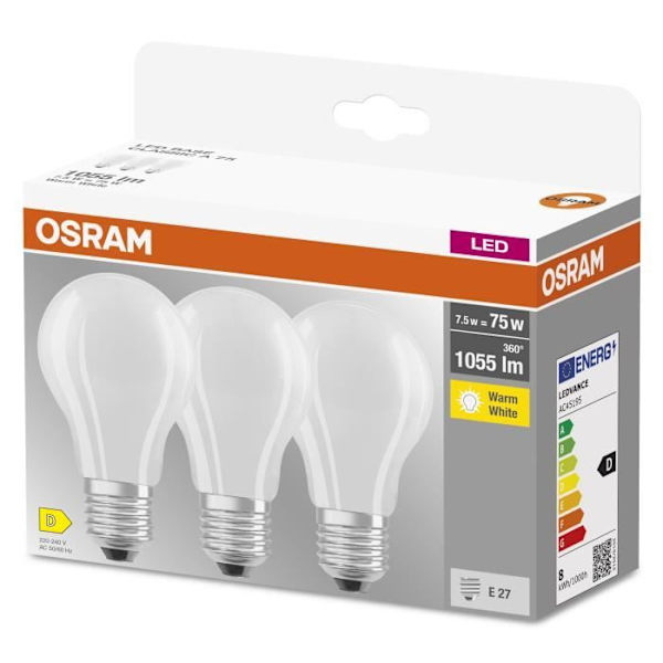 3x OSRAM LED BASE Classic A75, LED-lampor med frostat glasfilament för E27 bas, glödlampsform, varmvit (2700K), 1055 Vit