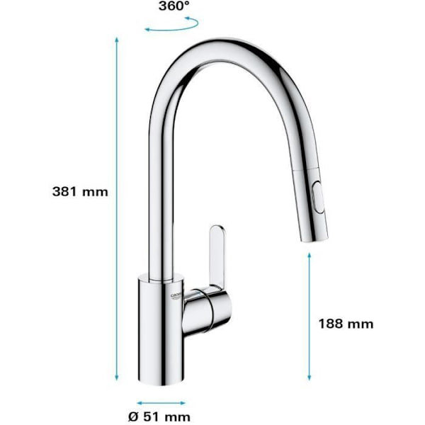 GROHE Get diskbänksblandare, utdragbar spray, U-formad pip, 2-jet-avledare, Supersteel, 31484001 Krom