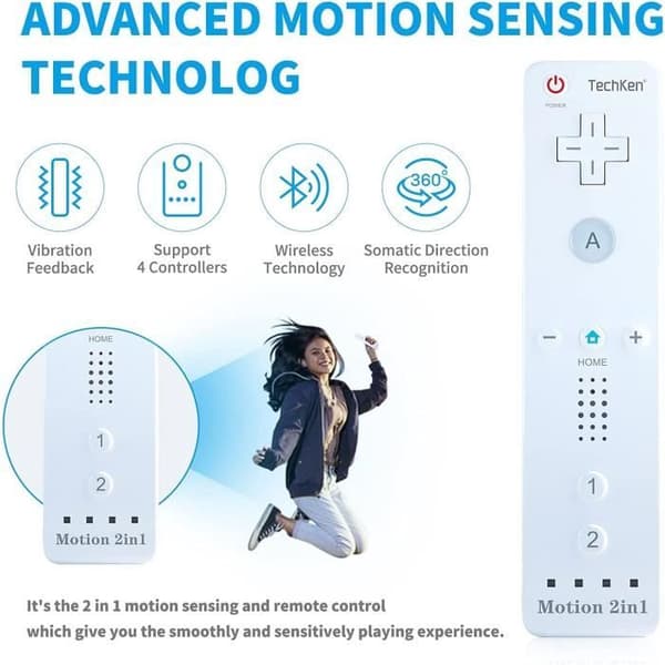 Spelkontroll - TechKen - 2 delar Wii-kontroll - Bluetooth - Vibration - Silikonfodral Vit