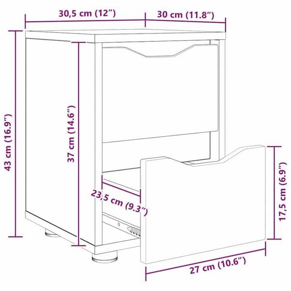 Modern sängbord - vidaXL - 30,5x30x43 cm - Vit - Ingenjörsträ - Kullagerlåda
