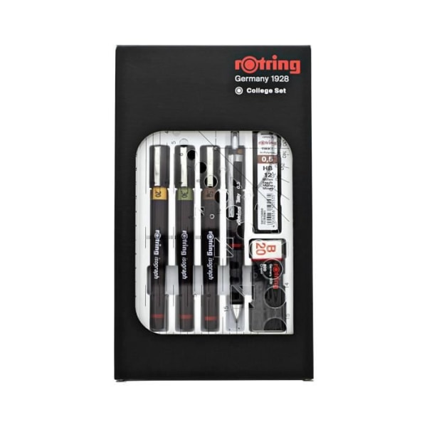 rOtring College Set, mekanisk penna 0,5 + 3 Isograph 0,2/0,3/0,5 mm + radergummi + fodral med 12 HB-kablar + 23 ml bläckflaska + kompassklämma