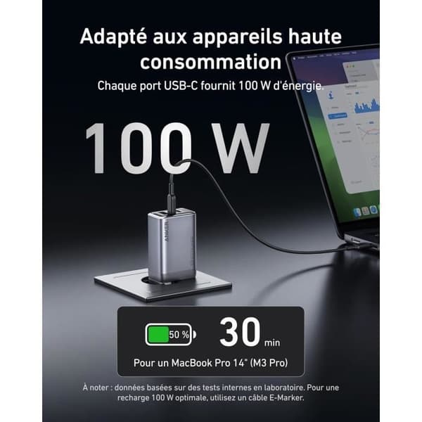 ANKER Prime GaN 100W - Kompakt och vikbar USB-C-laddare med 3 portar (2xUSB-C, 1xUSB-A)