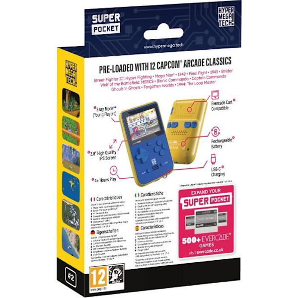 Retrogaming-konsol - BARA FÖR SPEL - Capcom Super Pocket - 12 integrerade klassiska spel - Evercade-kompatibel Blå och gul