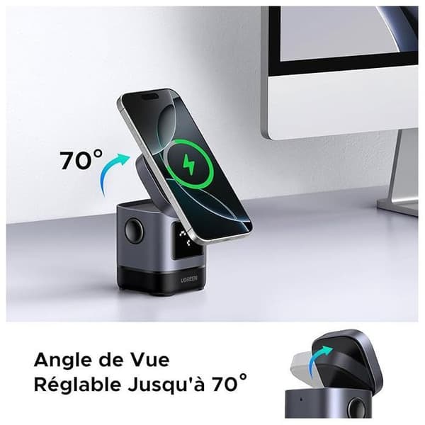 Laddstation 2 i 1 - UGREEN - Robot - Qi2 - Svart Anodiserad grå