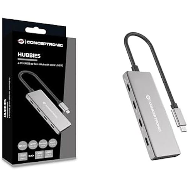 USB-hubb - CONCEPTRONIC - HUBBIES16G - 4 USB-C 3.2 Gen 2-portar - 100 W USB PD - Aluminiumhölje