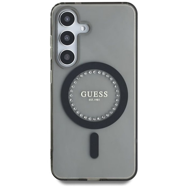 Coque Guess med tryckt strasslogotyp och MagSafe för Samsung Galaxy S25 (svart)