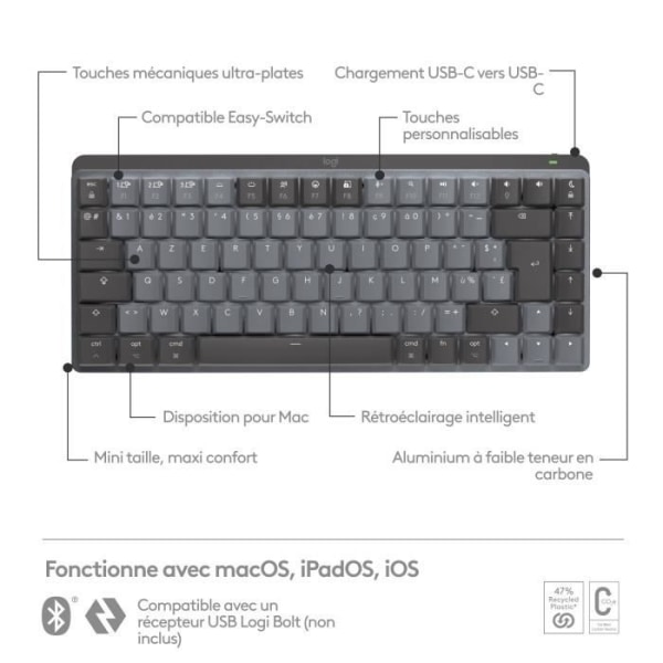 Logitech - Trådlöst tangentbord för Mac - MX Mechanical Mini - Space Grey