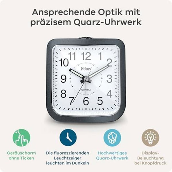 Analog väckarklocka - MEBUS - Tyst - Luminösa visare - Alarm med snooze - Belysning av urtavlan Antracit