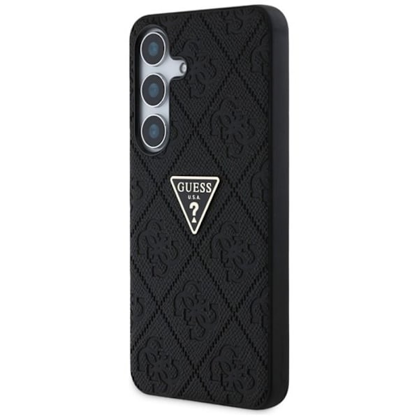 Coque Guess Hot Stamp 4G med triangulärt metallogotyp för Samsung Galaxy S25 (svart)