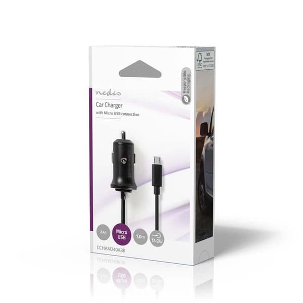 Strömförsörjningadapter - Nedis - Bil - 2.4 A - Micro-USB typ B - Svart Svart