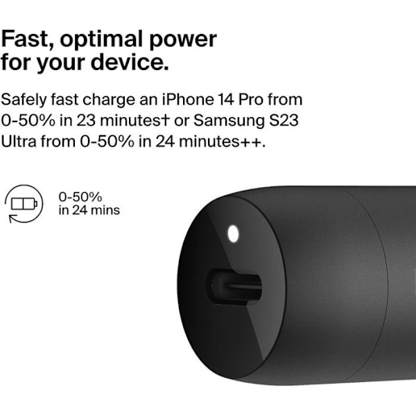 Batteriladdare för bil - BELKIN - 30w USB PD - Cigarettändare - Svart och Vit - USB Typ-C Svart