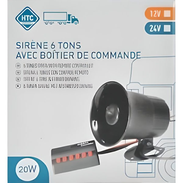 6-tons siren - HTC UTRUSTNING - 12V - Effekt 20W - Fjärrkontroll - Svart Svart