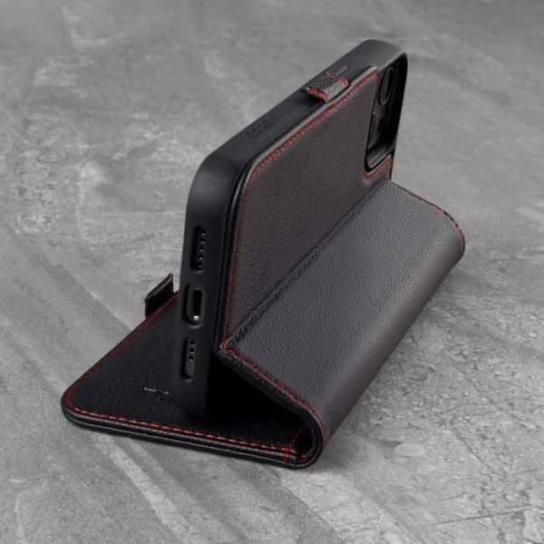 Coque i läder - TORRO - iPhone 13 Mini - Äkta läder - Inbyggd ställning - Kortfack Svart med röda detaljer