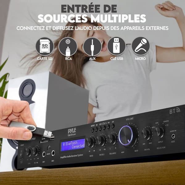 Pyle Bluetooth-förstärkare 5 kanaler för rackmontering - Trådlös Bluetooth-streaming - 200W - Svart