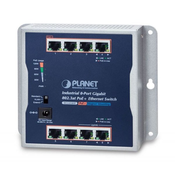 Switch - hub ethernet - injektor Planet Switch väggmonterad 8 Giga PoE+ vid IP30 -20/+60° Grå