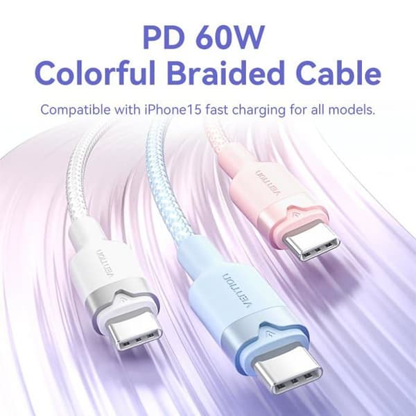 USB-C till Lightning-kabel - Vention - Snabbladdning 27 W - Nylonflätad - 480 Mbps - 3 A - 2 M - Vit