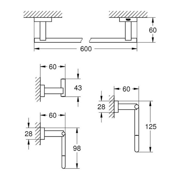 GROHE Essentials Cube 4-i-1 badrumstillbehörsset 40778001 - Väggkrok - Handdukstorkar - Toalettpappershållare - Krom