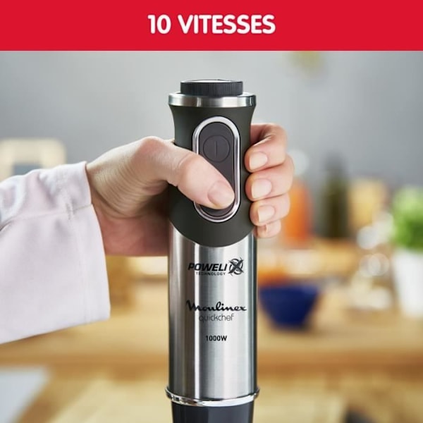 MOULINEX 4in1 Quickchef Immersion Mixer, 10 hastigheter, minihackare, visp, potatisstötare, 800 ml kopp, 1000W, svart/rostfritt stål DD65H810 Mörkgrå / rostfritt stål