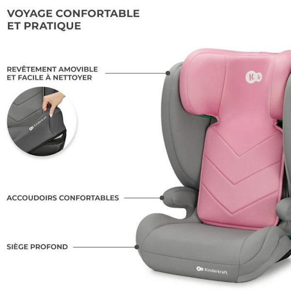 I-size bilbarnstol 100-150 cm - KINDERKRAFT I-SPARK - Booster för barn - Snabbinstallation - Säkerhetssystem - Rosa