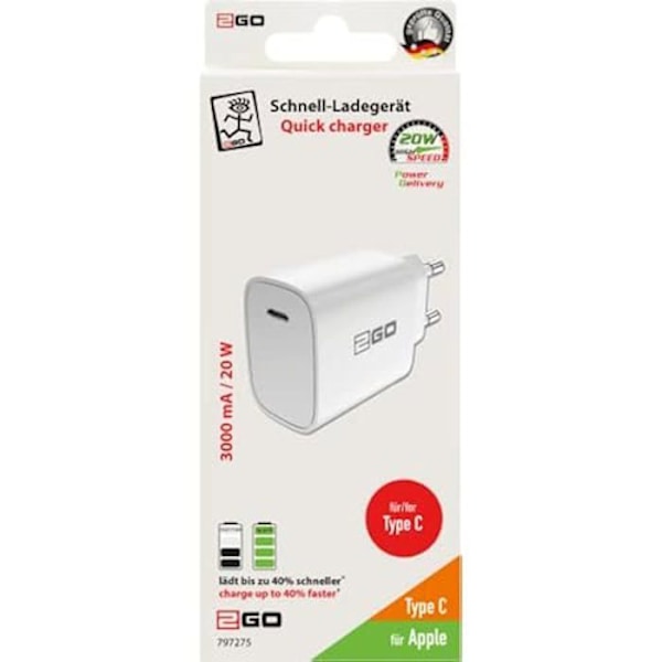 Strömadapter - 2GO - Power Delivery - USB Typ C - 20W - Vit Vit