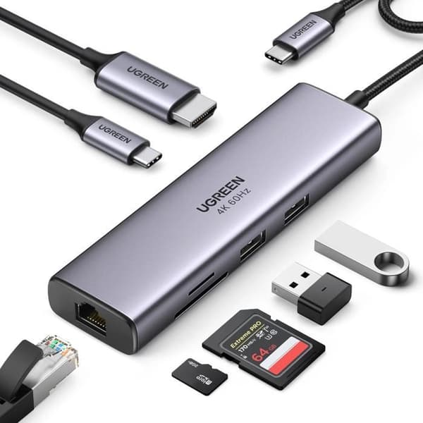 Ugreen Hub 7 i 1 Usb-C 2X Usb-A 3.2 Hdmi 4K för Bärbar Dator Telefon Sd Tf Läsare