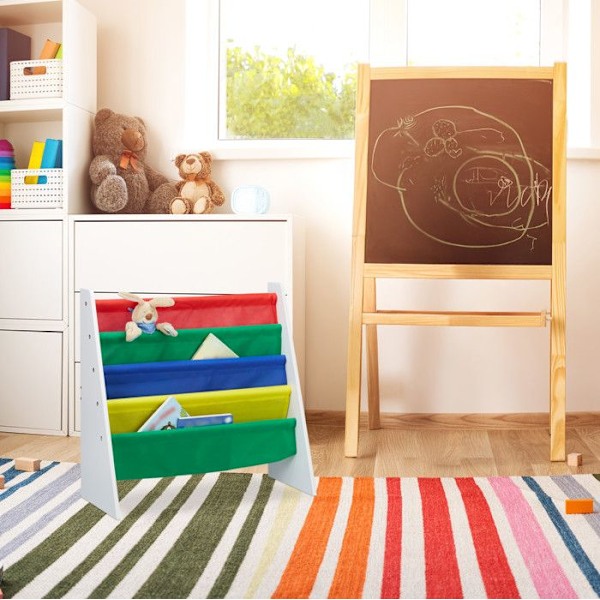 Relaxdays Barnhylla, Bibliotek sovrum, Hylla för bokförvaring, MDF + Polyester, 4 fack, flerfärgad vit, grön, röd