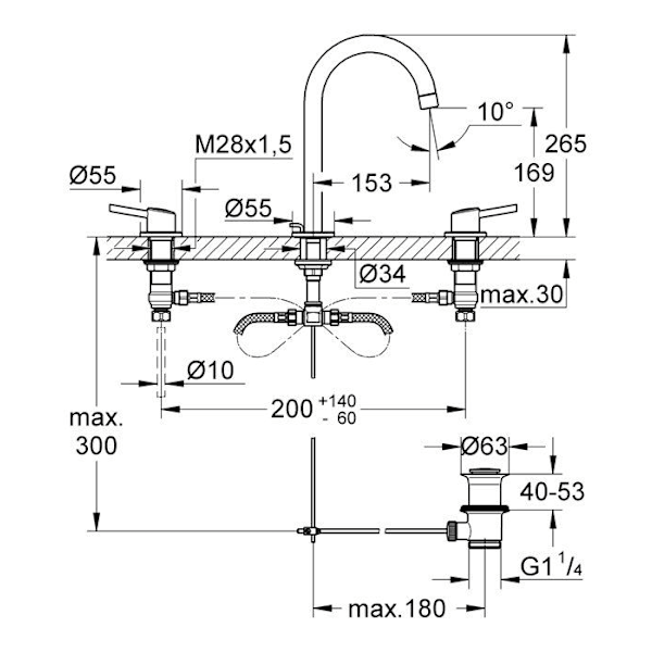Tvättställsblandare - GROHE - CONCETTO - 3 hål - fast pip - Grå färg - Kromfinish